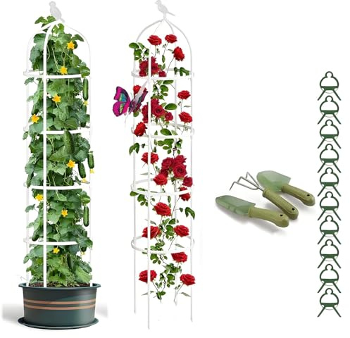 Obelisco da giardino in metallo per piante rampicanti, torre di supporto autoportante per rose, pomodoro con 10 clip, bianco, P 40 x A 205 cm, ideale per la crescita di piante e piante