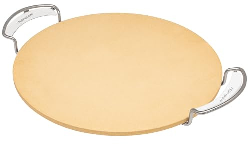 Hamson Pizzasten rund | Ø 35 cm | sten för ugn | Cordierit pizzasten med handtag i rostfritt stål | testen för ugn, tegel, pizzasten, ugn stenplatta, grill pizzasten
