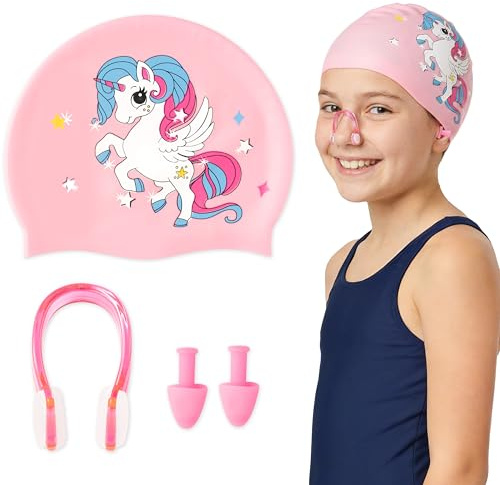 YINGENIVA Cuffia da nuoto per bambini con unicorno – Cuffia da nuoto in silicone rosa per ragazze con clip per naso e tappi per le orecchie, cuffia da bagno impermeabile per capelli lunghi, alta
