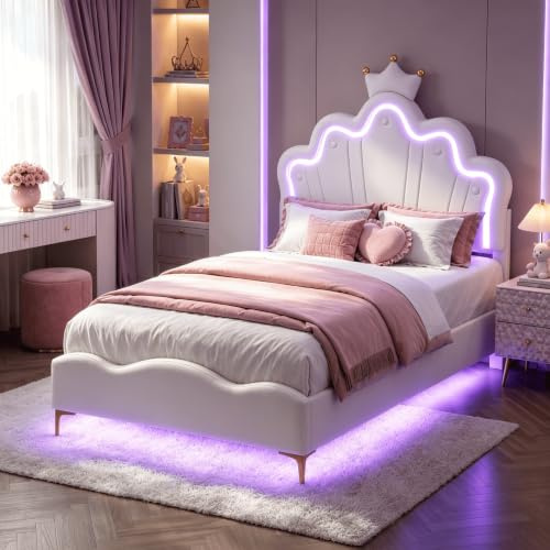 BRILVERDE Lit Enfant Princesse 90x190 cm avec LED, Lit Rembourré Blanc en Simili Cuir PU, Tête de Lit Couronne Nuage, Sommier à Lattes, Lit Fille avec Éclairage Ambiance, sans Matelas