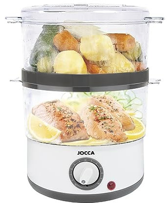 JOCCA - Vaporera, Sistema de Cocción al Vapor/ 4,4 Litros/Eléctrica/Temporizador de 60min/ Doble altura, Bandejas extraíbles (Blanco)
