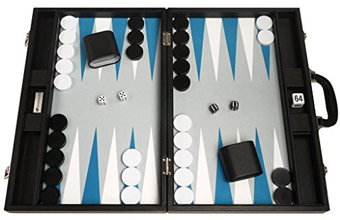 Silverman & Co. 19-inch Premium Backgammon Set - Large Size - Black Board, White and Astral Blue Points