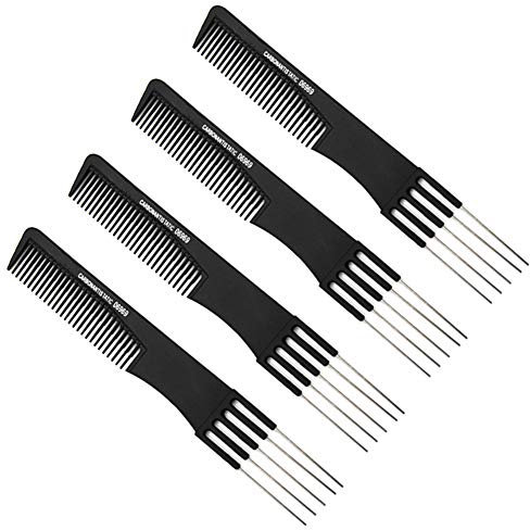 4 Pack Black Carbon Lift Teasing Combs with Metal Prong,Strength Professional Hair Styling Comb for Women Men,Styling Lifting Back Hair Comb with Stainless Steel Lift