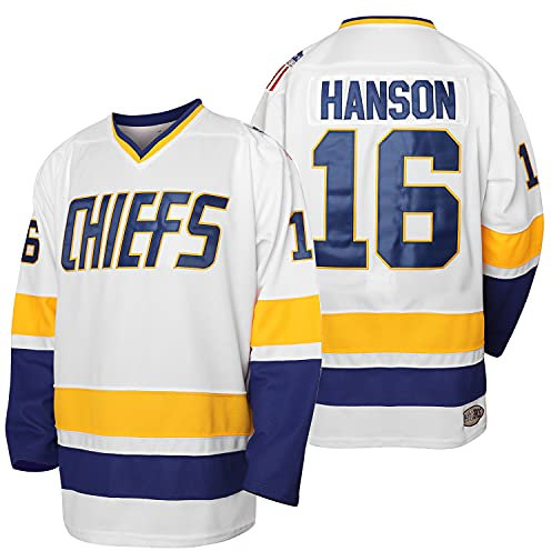 Herren Hanson Brother 16 Jack 17 Steve 18 Jeff Charlestown Chiefs Stitched Movie Hockeytrikots, 16 Weiß, L