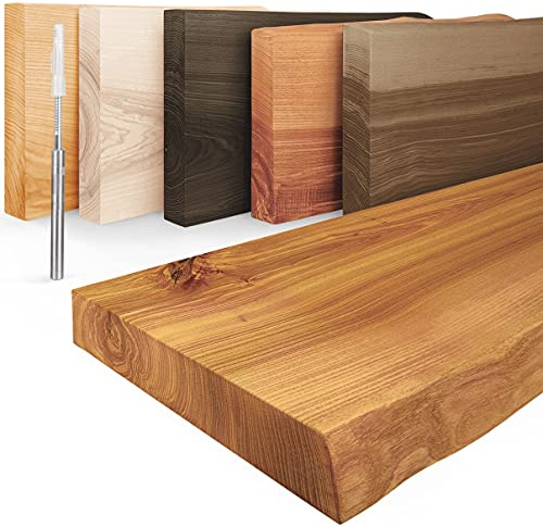 LAMO Manufaktur vägghylla, trähylla med en naturlig kant, bedrövad, med 2 stöd, Rustik Aska 80cm, LW-01-A-003-80W
