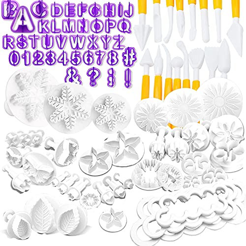 Nuyoah Fondant Ausstecher Set Kuchen Torten Zubehör 87tlg Backen Ausstechformen mit Buchstaben Modellierwerkzeug Rose Blume Formen Set Fondant Auswerfer Stempel für Torten Deko