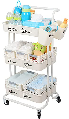 JOLEAD Carrito Organizador de Pañales para Bebés Multifunción, Carrito de Almacenamiento de 3 Niveles Guardería para Bebés Recién Nacidos, para Cambiador y Cuna, Fácil de Montar