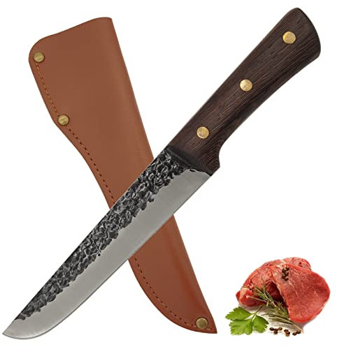 Fubinaty Kochmesser handgefertigt geschmiedet Küche Ausbeinmesser High Carbon Steel Outdoor Camping Angeln Jagdmesser mit Lederscheide und Full Tang Wenge Holzgriff