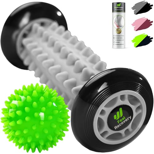 Set Rouleau de Massage Pieds pour Fasciite Plantaire + Balle Massage à Picots - Appareil d'Acupression pour Reflexologie, Cellulite, Douleur Plantaire, Talons, Jambes & Relaxation (Noir)