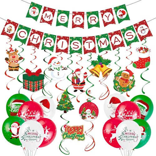 AFYHH Fröhliche Weihnachten Luftballons Banner Bunting Hängend Luftschlangen Dekoration Weihnachtsfeier Happy Xmas mit Schneemann Ornaments