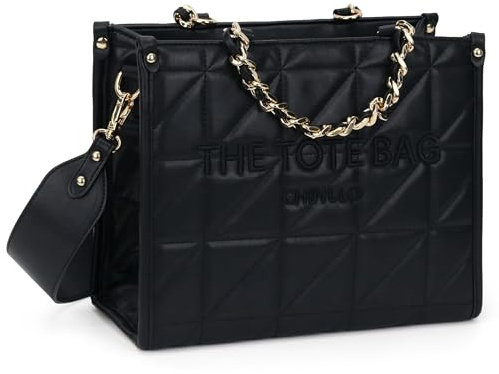 Chinllo Tote Bag for Women Quilted Chains Satchel Purse and Handbags with Shoulder Strap (E.Black-S)