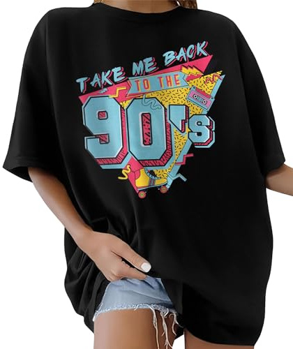 Lonya T Shirt Femme Oversize Col Rond Grande Taille Tops Été Manches Courtes Vintage 90s Imprimé De Lettres Y2K Graphic Casual Loose Tee Shirt Long Coton Sport Tops Années 90,B-Noir,L