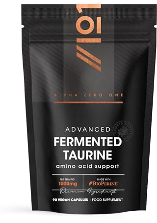 Fermented L-Taurine 1000mg with BioPerine® - 90 Vegan Capsules - High Strength Energy & Endurance Sports Supplement - 3 Months Supply By Alpha01