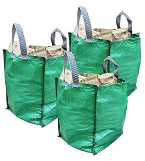 Garden Waste Bags with Handles (Pack of 3) 120 Litres Heavy Duty with Bottom Tip Handle - Reusable Garden Green Woven PP Sacks - Industrial Fabric Bag for Plant Waste Grass Leaves (3)