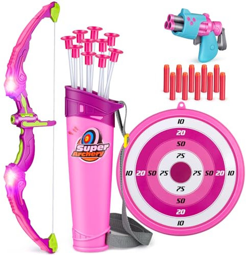 Own1one Bogenschießen Set Bogen und Pfeil Set für Kinder mit LED Leuchten, 1 Zielscheibe, 10 Saugnapfpfeile, 2 in 1 Spielzeugbogen Set für Kinder Mädchen ab 6-12 Jahre