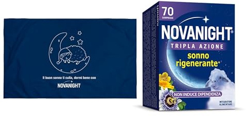 Novanight Tripla Azione Melatonina per Dormire, Integratori, Disturbi del Sonno - Senza Glutine, con Melatonina, Escolzia, Passiflora, Melissa, Non Induce Dipendenza (Edizione Limitata 70 Cpr+Federa)