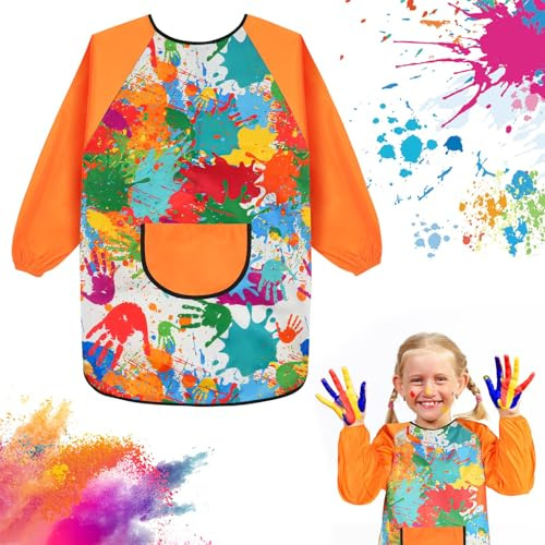 Ainiv Tablier Peinture Enfant, Blouse Peinture Enfant Imperméable 6-12 ans, Tabliers de Peinture Graffiti à Manches Longues avec Poches, pour Peinture, Cuisine, Artisanat, École, Filles et Garçons-L