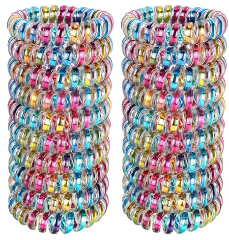 JessLab Spiral Hair Ties for Women, 20 Pcs No-Damage Plastic Bands, Bobbles | Shiny Rainbow, Coil Elastics for Girls and Kids, Water-Resistant Bracelet, Strong Hold for Swimming, Gym, School