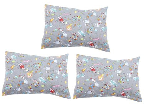 BESTonZON Kleinkinder Kissenbezug Baumwolle 3 Stück Umschlagdesign mit Niedlichem Robotermuster Weiche und Atmungsaktive Kinder Kissenbezüge Kleine Kissenhülle für Jungen und Mädchen