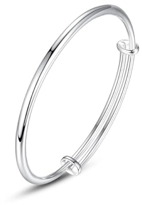 KFRS Sterling Silver Bangle Bracelet, Fashion Versatile Simple Adjustable Silver Plated Smooth Face Round Belly Push Pull Bracelet