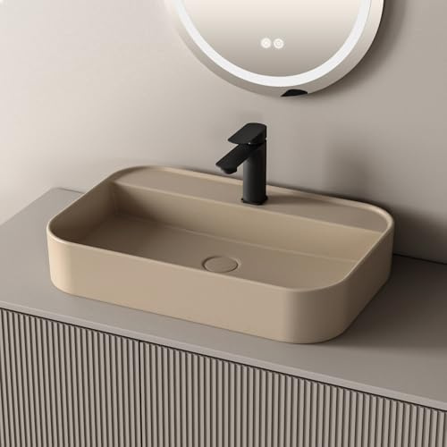 EMKE Lavabo à Poser 50x40x11 cm, Lavabo en Céramique pour Salle de Bain, Beige Mat, Design Moderne et Minimaliste, Idéal pour Salle de Bain et WC