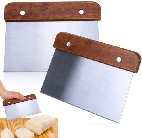 Pack of 2 Dough Scrapers, Stainless Steel, Dough Card with Wooden Handle, Dough Scraper, Kitchen Dough Cutter, Dough Spatula for Cutting Dough, Pizza, Nougat, Cake, DIY Baking Scraper