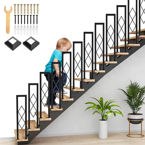 Barandilla de Escalera Modernos, Pasamanos Antideslizantes en Forma de U, Pasamanos Decorativos de Diamantes Balaustre Seguridad de Hierro Forjado para Jardín, Pasillo, Loft (Negro, 85cm)
