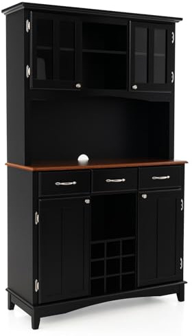 KOMFOTTEU Credenza Alta da Cucina, Armadietto Dispensa con 3 Cassetti e 4 Armadi a Ante e Portabottiglie per 9 Bottiglie, Mobile Buffet per Soggiorno, Sala da Pranzo, 112 x 43 x 184,5 cm (Nero)