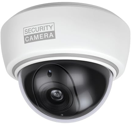 BASI | Dome Kamera-Attrappe mit blinkendem LED-Licht | Dummy Kamera | Objektiv Überwachungskamera für den Innen- und geschützten Außenbereich | Wand- Deckenmontage | Weiß | CCTV