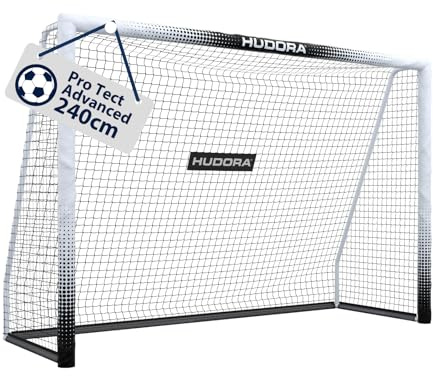 HUDORA Fußballtor Pro Tect 240 Advanced – Outdoor Fußballtor mit Netz und wetterfester Ummantelung für Kinder/Erwachsene – Einfacher Aufbau im Garten – Torwand mit Reiß- und Klettverschlüssen – White