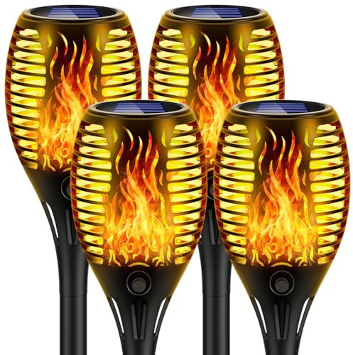 Lafhome solares para jardín exterior con efecto de llama realista, lámpara solar impermeable IP65, 33 LED. Ideal para caminos, terrazas, camping decoración, decoración de césped - 4 unidades