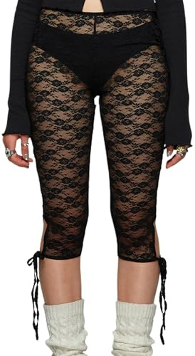 Cusghjbsg Pantaloni corti da donna in pizzo Capri Y2k a rete pura elastica a vita alta vedere attraverso leggings estivi casual con orlo arricciato pantaloni crop, Nero D, S