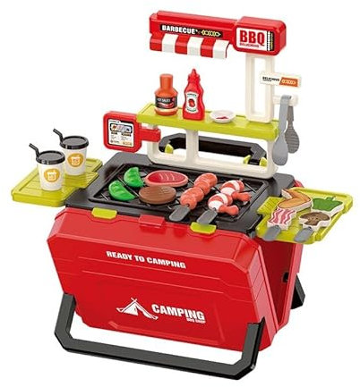 OBEST EN simulerad grillleksak med 51 tillbehör, barnköksleksak med ljusånga, barngrill-leksak, köksleksaksset, grill via bambu