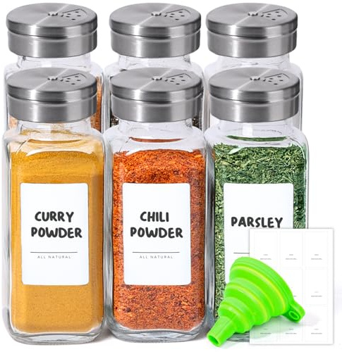 ComSaf Spice Jars with Lids & Labels 6 Pack, 240ml Square Glass Spice Containers with Adjustable Stainless Steel Shaker Tops & Funnel, Herb Jars Seasoning Jars for Rack, Drawer, Organiser