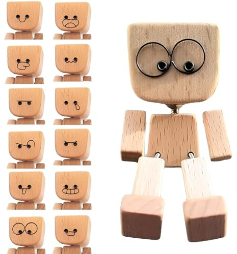 YOFDAL Figura De Madera Temblorosa,Figura Des Hombre De Madera Que Agita Los Pies con 12 Expresiones Hombre De Maderas Tambaleante Hecho Mano Adorno para Salpicadero Decoración
