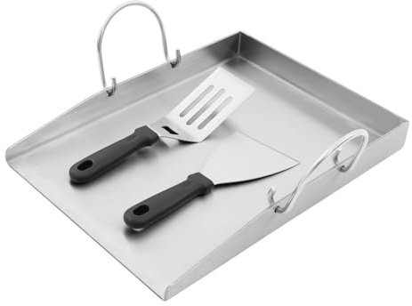 Plancha de acero inoxidable, plancha para barbacoa con asas extraíbles, juego de 40 x 30 cm, con espátula y raspador de barbacoa, plancha universal para barbacoa de carbón vegetal y barbacoas de gas