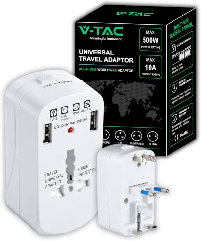 V-TAC Universell reseadapter med USA, EUROPA, UK, AUS + 2 USB-portar - internationellt reseuttag med överbelastningsskydd för elektriska enheter