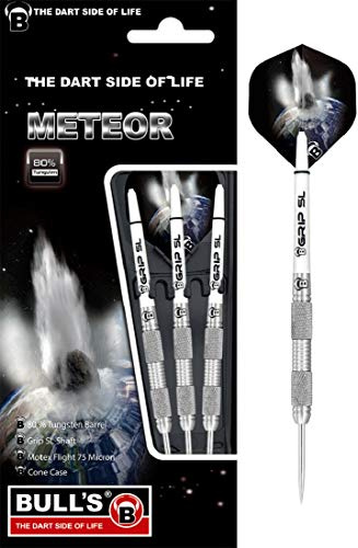 Meteor steel dart made from 80% tungsten. Dart set consisting of 3 darts developed with over 10 variants, different milled barrel variants allow individually pronounced grip level., unisex_adult, Bull's Meteor Mt9 Steel Dart 25 g, 13535, Silver / white., 25g