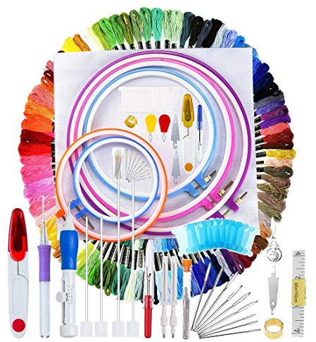 140 pièces Broderie Cross Coutures Poinçon Aiguille kit, gamme complète de broderie Starter Kit à broder notamment Magic Pen Punch Aiguille, broderie de 5 pièces Cerceaux