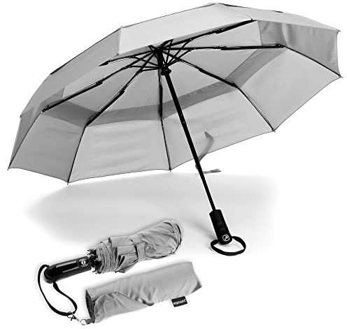 Ergonauts Travel Umbrella Windproof Vented Double Canopy – Teflon Coating, Ergonomic Handle & Protective Sleeve – Portable Compact Foldable Lightweight Design and High Wind Resistance (Grey)