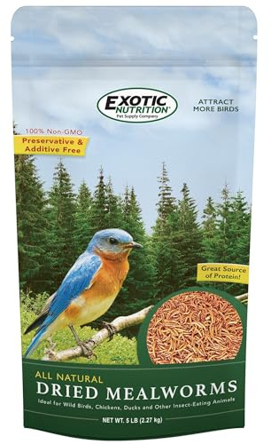 Dried Mealworms - 100% Natural, Non-GMO, High Protein, Bulk Insect Treat for Chicken, Laying Hen, Chick, Wild Bird, Bluebird, Duck, Goose, Turkey, Chickadee, Titmice, Wren, Reptile, Fish (5 lb.)