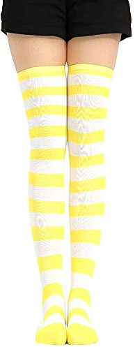 Femme Chaussettes Hautes Genou à Rayures Chaussettes au-Dessus Du Genou Chaussette Longue en Coton Bas au Genou pour Filles Larges bandes jaunes et blanches L