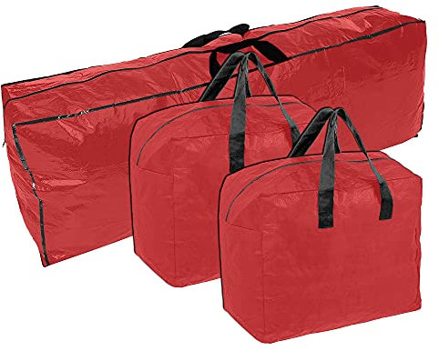 Ram® RED 3 Pieces HEAVY DUTY Large Christmas Tree Bag With 2 x Decorations Bag With Zip Waterproof Christmas Tree Storage Bags And Decorations Bag