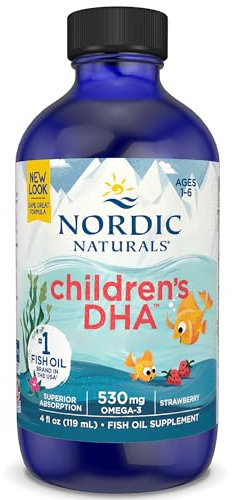 Nordic Naturals, Children's DHA, 530mg Omega-3 de Aceite de Hígado de Bacalao, Sabor Fresa, con EPA y DHA, 119ml, Testado en Laboratorio, Sin Soja, Sin Gluten, No GMO