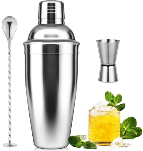 Ensemble shaker à cocktail de 750 ml, mélangeur de boisson avec passoire intégrée, doseur et cuillère à mélanger pour mélanger des boissons, margaritas, outil de bar en acier inoxydable adapté aux