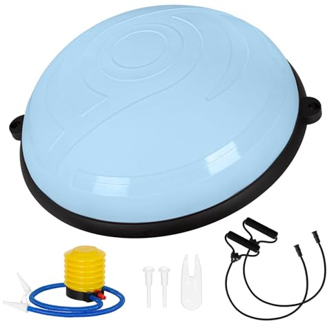 Leogreen Ballon d'équilibre de yoga avec bandes d'exercice, entraîneur d'équilibre, 58 cm, demi-balle pour yoga, gymnastique avec pompe, charge maximale de 200 kg, bleu