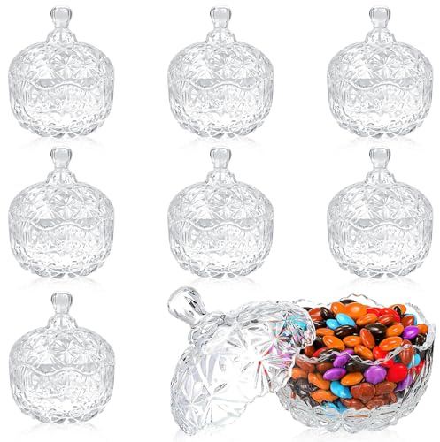 OJMHD 8 Pack Small Glass Candy Bowl with Lids, 240 ml Crystal Sweet Jars Bulk, Clear Sugar Decorative Storage Dish, Vintage Sugar Containersfor Wedding Christmas Kitchen Buffet Oats Fruit Snack