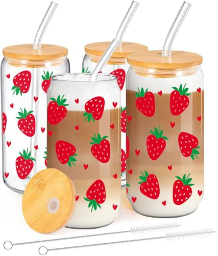 MEIMUCUL Jordgubbe dricksglas med sugrör och lock, 4 stycken ren tjej, aesthetiska glas med lock och sugrör, cocktailglas iskaffe glas 500 ml, glasmugg, present till syster, flickvän