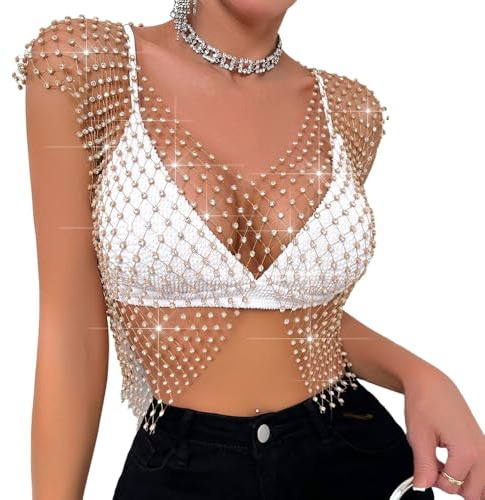 Rockreyoa Rhinestone fisknät tank topp hav ihålig ut crop rave topp damer sexig strass topp sjö genomgående bikini skydd glitter topp diamant nät transparent klubbkläder
