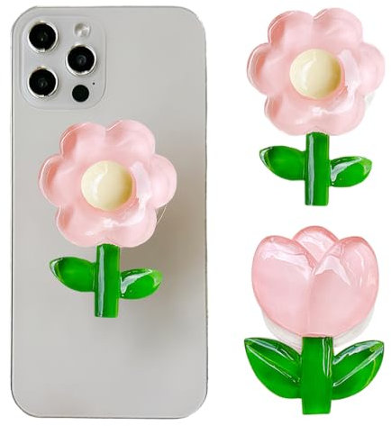 TOEECY 2 Pièces Support Téléphone Fleur Décoratif Cristal Accessoire Portable Adhésif Poignée Mignon Tulipe Rose